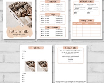 May include: A printable crochet pattern guide with a peach and white color scheme. The guide includes sections for materials, gauge, abbreviations, pattern notes, sizing chart, and contact information. The pattern features a basket of yarn balls.