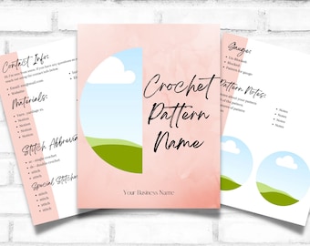 May include: A pink and white crochet pattern template with a green and blue landscape illustration. The template includes sections for contact information, materials, stitch abbreviations, special stitches, gauge, pattern notes, and a space for the pattern name. The text "Your Business Name" is at the bottom of the template.
