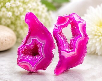 Pink Druzy Agate Geode Slice Pair, Polished Gemstone, Wire Wrapping