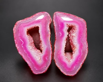 Pink Druzy Agate Slice Pair, Polished Gemstone Geode