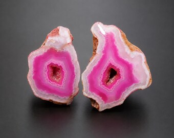 Pink Druzy Agate Geode Slice Pair, Polished Gemstone Window