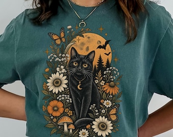 Black Cat Vintage Flowered Comfort Colors Shirt, Cottagecore Graphic Tee, Retro Pumpkin Sweatshirt, Flowered Stamp Teacher Gift