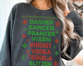 Reindeer Funny Alcohol Comfort Colors Shirt - Funny Distressed Christmas shirt, Vintage Holiday Ugly Christmas Humor Graphic Sweatshirt