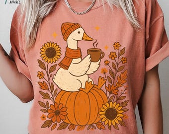 Goose on Pumpkin Comfort Colors Shirt - Vintage Fall Graphic Tee, Retro Pumpkin Sweatshirt, pressed Wildflowers, Thanksgiving Silly Goose