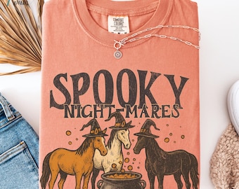 Spooky Night-Mares Horses Comfort Colors Halloween Shirt, Vintage Distressed Horse Witch Graphic Sweatshirt