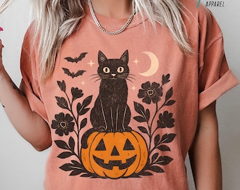 Black Cat on Pumpkin Comfort Colors Shirt - Vintage Halloween Graphic Tee, Retro Pumpkin Sweatshirt, Black Stamp Flowers, Gift for Cat Mom