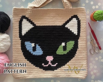 Muster für eine Tasche mit Katzenkopf, Häkelmuster für eine Einkaufstasche, Häkelmuster für eine schwarze Katze, Häkelmuster für Intarsien