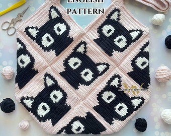 Modèle au crochet de sac de chats mignons, modèle de sac au crochet, modèle de sac fourre-tout au crochet, motif chat noir au crochet, intarsia au crochet