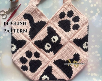 Cat, paw, tail bag Crochet Pattern, Crochet Bag Pattern, Crochet Tote Bag Pattern, Crochet Black Cat Pattern, Intarsia Crochet