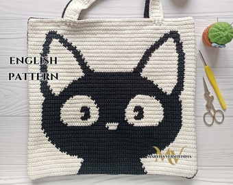 かぎ針編みの黒猫トートバッグのパターン：インターシアデザイン（PDFパターン）