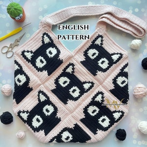Cute Cats Bag Crochet Pattern, Crochet Bag Pattern, Crochet Tote Bag Pattern, Crochet Black Cat Pattern, Intarsia Crochet image 1