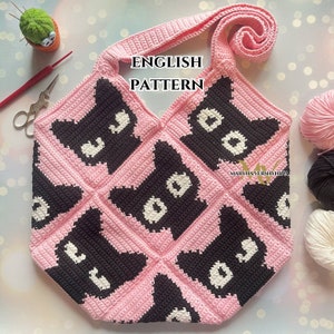 Black Cats Bag Crochet Pattern, Crochet Bag Pattern, Crochet Tote Bag Pattern, Crochet Cat Pattern, Crochet Square, Crochet Pattern