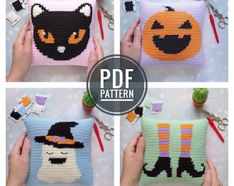 Crochet Pattern Pillow, Bundle 4 Patterns, Crochet Cushion Pattern, Halloween Crochet Pattern