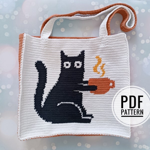 Crochet Bag Pattern, Crochet Tote Bag Pattern, Crochet Black Cat Pattern, Intarsia Crochet