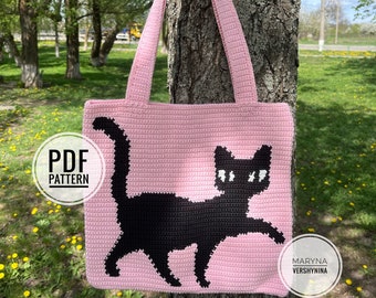 Joli modèle de sac chat, modèle de sac fourre-tout au crochet, motif chat noir au crochet, intarsia au crochet