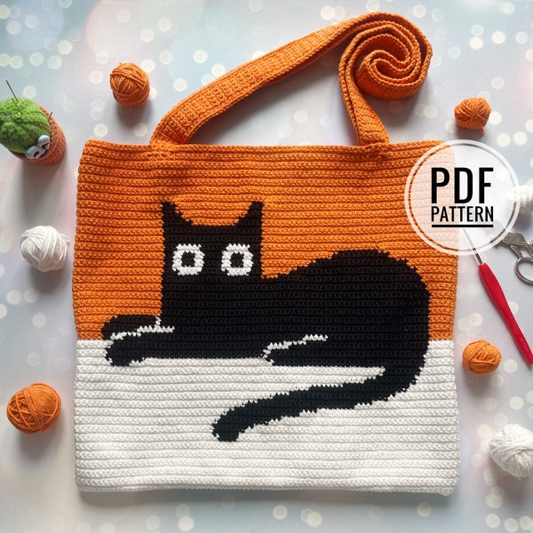 Patrón De Bolso De Ganchillo, Patrón De Bolso De Mano De Ganchillo, Patrón De Gato Negro De Ganchillo, Ganchillo Intarsia