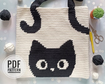 Modello di borsa all'uncinetto, modello di borsa tote all'uncinetto, modello di gatto nero all'uncinetto, uncinetto con intarsio