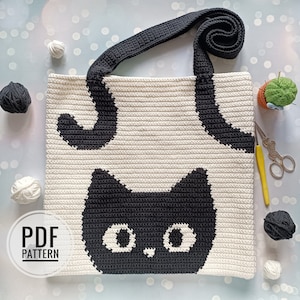 Crochet Bag Pattern, Crochet Tote Bag Pattern, Crochet Black Cat Pattern, Intarsia Crochet