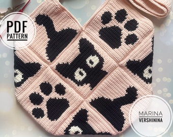 Cat, paw, tail bag Crochet Pattern, Crochet Bag Pattern, Crochet Tote Bag Pattern, Crochet Black Cat Pattern, Intarsia Crochet