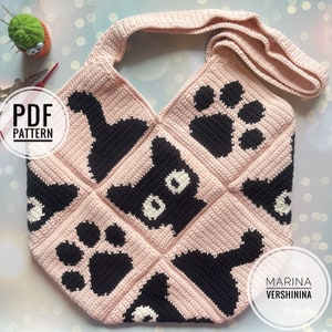 Cat, paw, tail bag Crochet Pattern, Crochet Bag Pattern, Crochet Tote Bag Pattern, Crochet Black Cat Pattern, Intarsia Crochet image 1