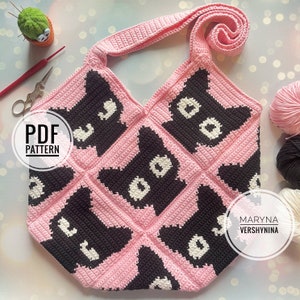 Black Cats Bag Crochet Pattern, Crochet Bag Pattern, Crochet Tote Bag Pattern, Crochet Black Cat Pattern, Intarsia Crochet, Crochet Square