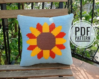 Crochet Pattern Pillow, Crochet Cushion Pattern, Intarsia Crochet, Sunflower Cushion, Crochet Sunflower, Picture Crochet