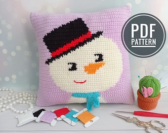 Crochet Christmas pillow pattern, Crochet Cushion Pattern, Crochet Snowman Pattern,  crochet pillow cover, tapestry crochet pattern