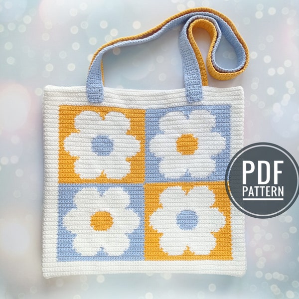 Crochet Bag Pattern, Crochet Tote Bag Pattern, Crochet Daisy Pattern, Intarsia Crochet