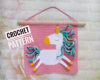 Crochet Wall Hanging Pattern, Crochet Unicorn decor diy, Unicorn crochet pattern, diy crochet tapestry