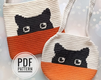 Crochet Bag Pattern, Crochet Tote Bag Pattern, Crochet Black Cat Pattern, Intarsia Crochet