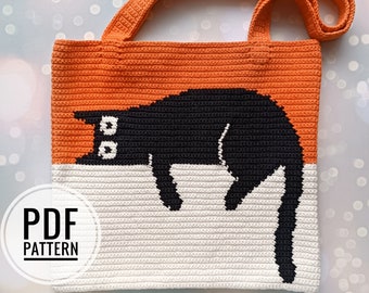 Crochet Bag Pattern, Crochet Tote Bag Pattern, Crochet Black Cat Pattern, Intarsia Crochet