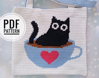 Crochet Bag Pattern, Crochet Totebag Pattern, Crochet Black Cat Pattern, Intarsia Crochet