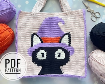 Crochet Cat Mini Bag Pattern, Halloween Crochet Pattern, Crochet Bag Pattern, Crochet Black Cat Pattern, Intarsia Crochet
