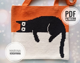 Crochet Bag Pattern, Crochet Tote Bag Pattern, Crochet Black Cat Pattern, Intarsia Crochet