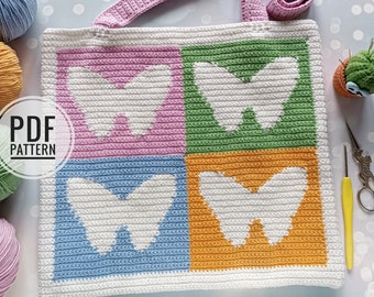 Crochet Butterfly Pattern, Crochet Bag Pattern, Crochet Tote Bag Pattern, Intarsia Crochet