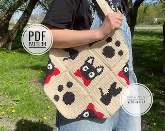 Cute Black Cat Bag Crochet Pattern, Crochet Bag Pattern, Crochet Tote Bag Pattern, Crochet Cat Pattern, Intarsia Crochet, Crochet Square