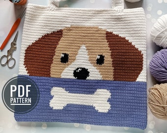 Crochet Dog Pattern, Crochet Bag Pattern, Crochet Tote Bag Pattern, Intarsia Crochet