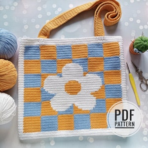 Crochet Bag Pattern, Crochet Tote Bag Pattern, Crochet Daisy Pattern, Intarsia Crochet