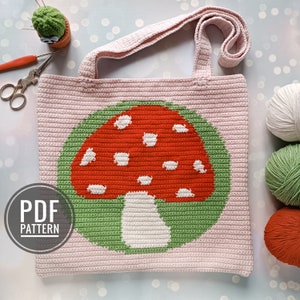 Crochet Bag Pattern, Crochet Tote Bag Pattern, Crochet Mushroom Pattern, Intarsia Crochet