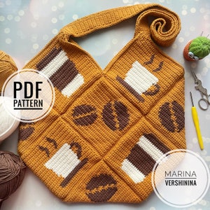 May include: A crocheted tote bag with a coffee cup and coffee bean design. The bag is made in a mustard yellow color with brown and white accents. The bag has a long strap and is made in a square shape. The text "PDF PATTERN" is visible in the image.