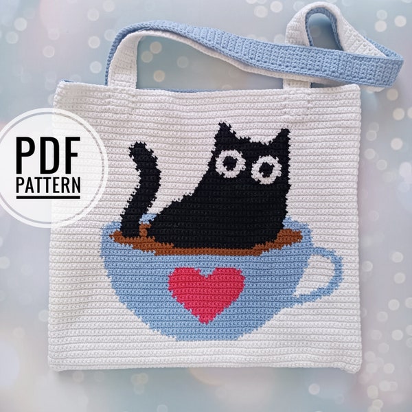 Crochet Bag Pattern, Crochet Totebag Pattern, Crochet Black Cat Pattern, Intarsia Crochet