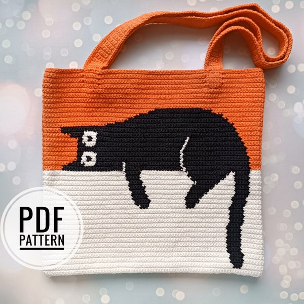 Crochet Bag Pattern, Crochet Tote Bag Pattern, Crochet Black Cat Pattern, Intarsia Crochet