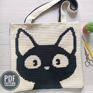 Crochet Bag Pattern, Crochet Tote Bag Pattern, Crochet Black Cat Pattern, Intarsia Crochet