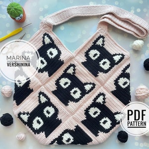 Cute Cats Bag Crochet Pattern, Crochet Bag Pattern, Crochet Tote Bag Pattern, Crochet Black Cat Pattern, Intarsia Crochet
