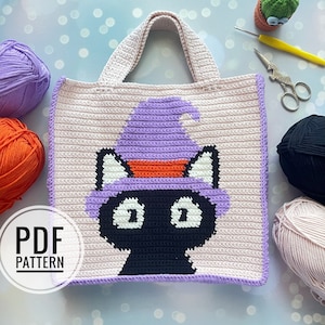 Patrón de minibolso de gato a crochet, patrón de crochet para Halloween, patrón de bolso a crochet, patrón de gato negro a crochet, intarsia a crochet