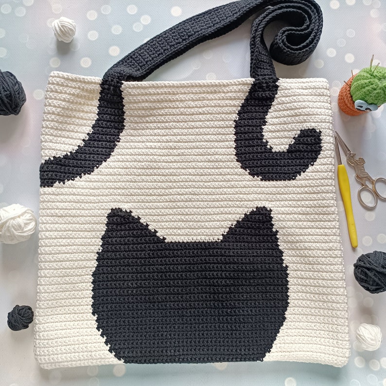 Crochet Bag Pattern, Crochet Tote Bag Pattern, Crochet Black Cat Pattern, Intarsia Crochet image 5