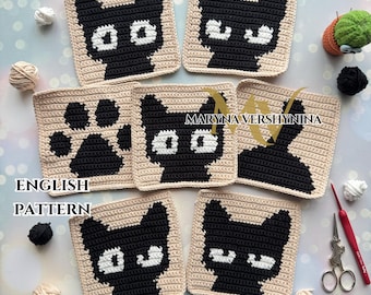 Crochet Cat Square Pattern, Intarsia Design (PDF Pattern)