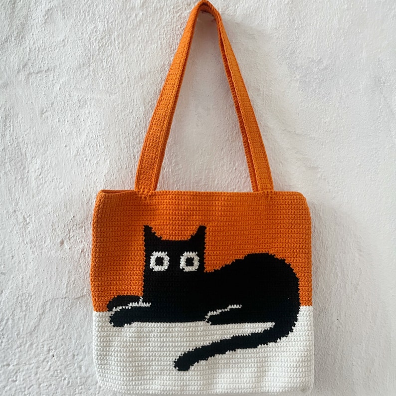 Crochet Bag Pattern, Crochet Tote Bag Pattern, Crochet Black Cat Pattern, Intarsia Crochet image 2