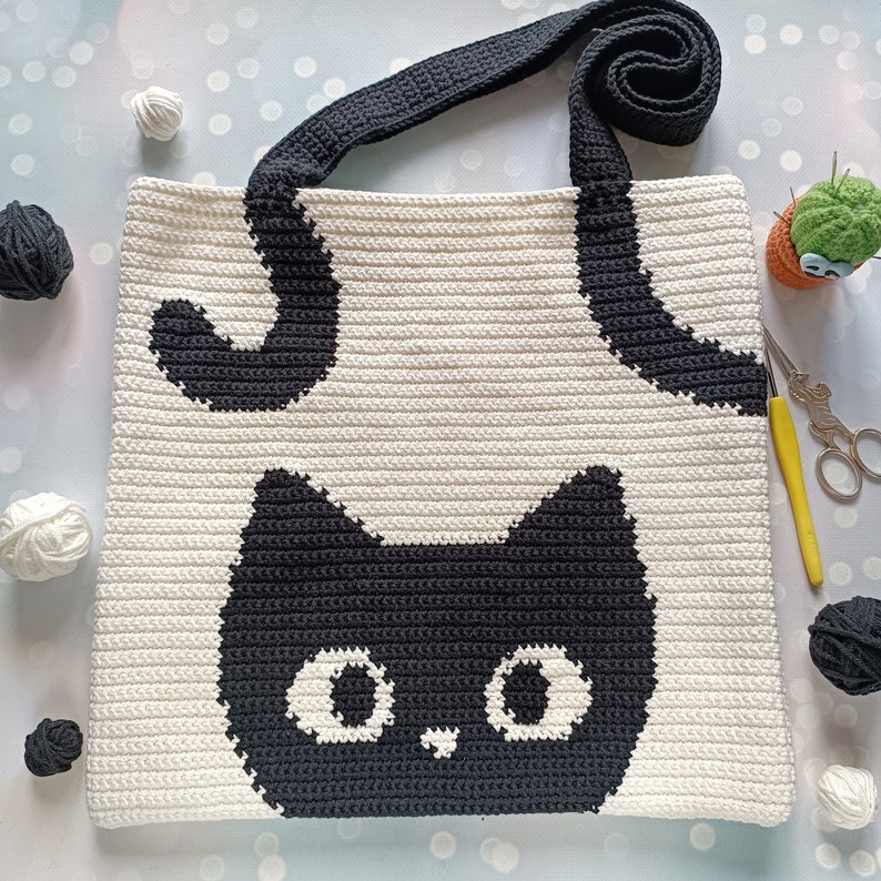Crochet Bag Pattern, Crochet Tote Bag Pattern, Crochet Black Cat Pattern, Intarsia Crochet image 4