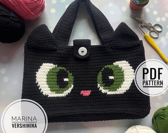 Cat eyes bag pattern, Crochet Bag Pattern, Crochet Cat Pattern, Crochet Black Cat Pattern, Intarsia Crochet